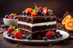 AI generated chocolate cake with cream and fruit photo
