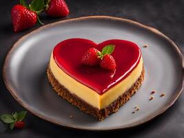AI generated heartshaped cheesecake with strawberry frosting and strawberries photo