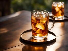 AI generated iced tea with ice and lemon outdoors photo
