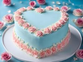 AI generated wedding cake in pastel blue colors in the shape of a heart photo