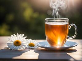 AI generated chamomile tea in a transparent cup on a summer sunny background photo