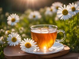 AI generated chamomile tea in a transparent cup on a summer sunny background photo