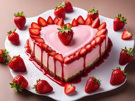 AI generated heartshaped cake with strawberry frosting and strawberries photo