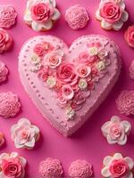 AI generated heartshaped cream pink cake with roses photo