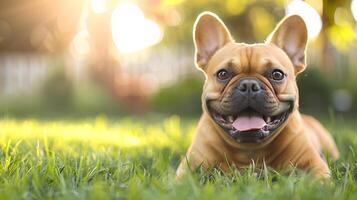 AI generated Smiling face cute lovely French Bulldog lying on the grass in a Summer park, Funny lovely pet dog, Dog on the background of nature. photo