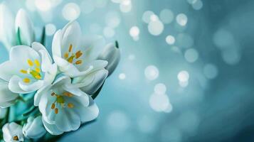 AI generated Close up of spring flowers on blured light blue background, Spring background for banner or card photo