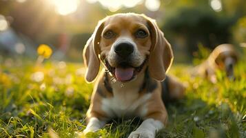 ai generado sonriente cara linda encantador beagle acostado en el césped en un verano parque, gracioso encantador mascota perro, perro en el antecedentes de naturaleza. foto