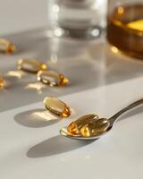 AI generated A spoonful of cod liver oil capsules on a white table, Herbal Supplements. photo