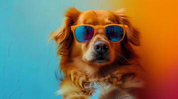 AI generated Cool dog with sunglasses on colorful wall background. Space for text photo