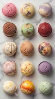 AI generated Top view of Ice cream scoop ball. Many assorted different flavour mockup template on white background photo