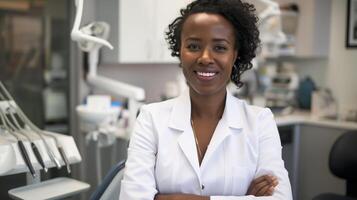 ai generado retrato de un smilling hermoso confidente africano hembra médico en un dental clínica oficina, espacio para texto. foto