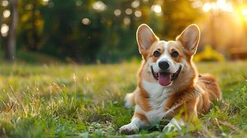 AI generated Smiling face cute lovely Corgi lying on the grass in a Summer park, Funny lovely pet dog, Dog on the background of nature. photo
