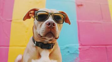 ai generado frio perro con Gafas de sol en vistoso pared antecedentes. espacio para texto foto