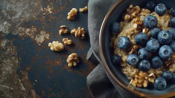 AI generated Blueberry and nut topped oatmeal on a rustic backdrop photo