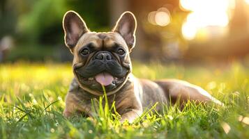 AI generated Smiling face cute lovely French Bulldog lying on the grass in a Summer park, Funny lovely pet dog, Dog on the background of nature. photo