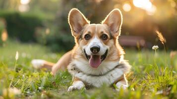 AI generated Smiling face cute lovely Corgi lying on the grass in a Summer park, Funny lovely pet dog, Dog on the background of nature. photo