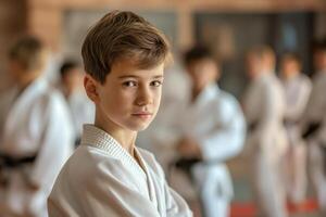 AI generated Portrait of boy in traditional clothes training experienced karate fighter club martial arts in the training room with the participants in the background photo