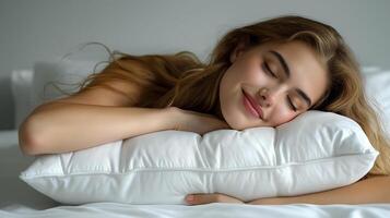 AI generated Smiling beautiful blond woman strong embracing her white bedroom pillow. Side view before sleeping photo