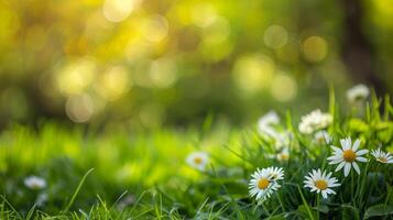 ai generado cerca arriba de primavera flores con verde césped en blured ligero fondo, primavera antecedentes para bandera o tarjeta foto