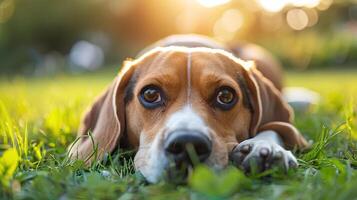 AI generated Smiling face cute lovely Beagle lying on the grass in a Summer park, Funny lovely pet dog, Dog on the background of nature. photo