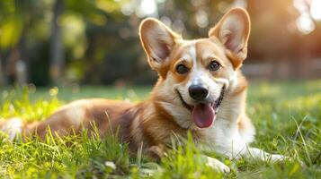 AI generated Smiling face cute lovely Corgi lying on the grass in a Summer park, Funny lovely pet dog, Dog on the background of nature. photo