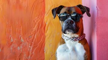 ai generado frio perro con Gafas de sol en vistoso pared antecedentes. espacio para texto foto