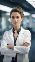 AI generated Portrait of female confidant scientist in white coat standing with arms crossed photo