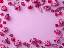 AI generated Pastel berries frame. Raspberry on a pastel purple background. High quality. AI Generative photo