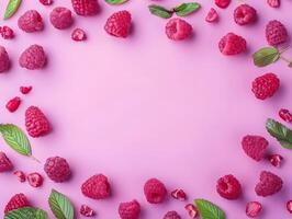 AI generated Pastel berries frame with green leaves. Raspberry on a pastel purple background. High quality. AI Generative photo