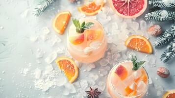 AI generated Top view cinematic photo of peach, and orange winter drinks with ice. High quality. AI Generative