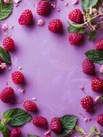 AI generated Pastel berries frame with green leaves. Raspberry on a pastel purple background. High quality. AI Generative photo