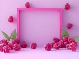 AI generated Berries frame. Raspberry around the pink wooden frame. High quality. AI Generative photo