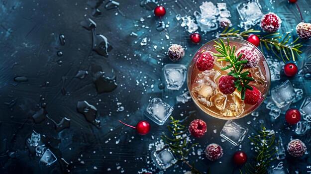 AI generated Winter drinks with snow and tree decorations on a dark background. Top view. High quality. AI Generative photo