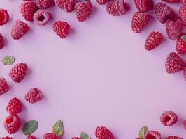 AI generated Pastel berries frame with green leaves. Raspberry on a pastel purple background. High quality. AI Generative photo