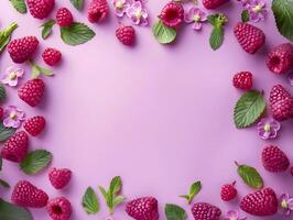 AI generated Pastel berries frame with green leaves. Raspberry on a pastel purple background. High quality. AI Generative photo