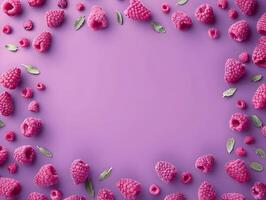 AI generated Pastel berries frame with green leaves. Raspberry on a pastel purple background. High quality. AI Generative photo