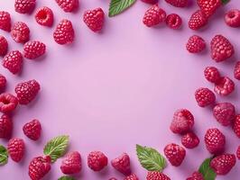 AI generated Pastel berries frame with green leaves. Raspberry on a pastel purple background. High quality. AI Generative photo