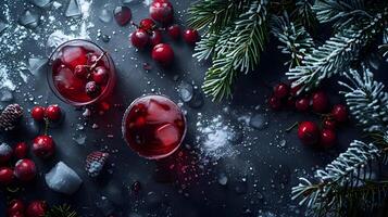 AI generated Red winter drinks with snow and tree decorations on a dark background. Top view. High quality. AI Generative photo