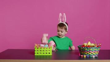 joyeux Jeune enfant en jouant autour avec de fête peint décorations, montrant une lapin jouet et une rose Oeuf dans de face de caméra. souriant petit garçon avec lapin oreilles ayant amusement avec ornements. caméra b. video