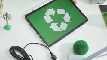 Group of business people planning and discussing on recycle reduce reuse policy symbol in office meeting room. Green business company with eco-friendly waste management regulation concept.Trailblazing video