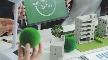 Group of business people planning and discussing on recycle reduce reuse policy symbol in office meeting room. Green business company with eco-friendly waste management regulation concept.Trailblazing video