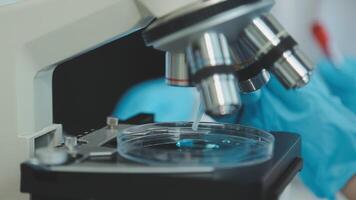 dokter hand- nemen een bloed monster buis van een rek met machines van analyse in de laboratorium achtergrond, technicus Holding bloed buis test in de Onderzoek laboratorium. video