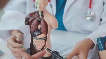 Neurologist hand pointing brain anatomy human model and brain disease lesion on white background.Part of human body model with organ system for health and doctor student study in university. video