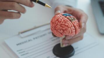 Neurologist hand pointing brain anatomy human model and brain disease lesion on white background.Part of human body model with organ system for health and doctor student study in university. video