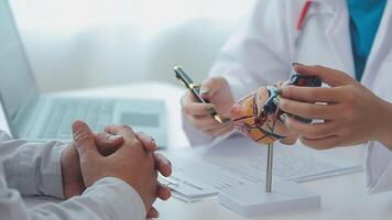 Cardiology consultation, treatment of heart disease. Doctor cardiologist while consultation showing anatomical model of human heart video