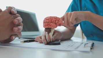 neurologista mão apontando cérebro anatomia humano modelo e cérebro doença lesão em branco plano de fundo.part do humano corpo modelo com órgão sistema para saúde e médico aluna estude dentro universidade. video