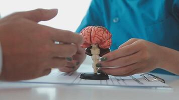 neuroloog hand- richten hersenen anatomie menselijk model- en hersenen ziekte laesie Aan wit achtergrond.deel van menselijk lichaam model- met orgaan systeem voor Gezondheid en dokter leerling studie in Universiteit. video