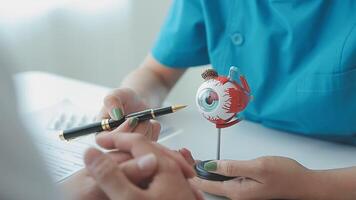 close up of asian female doctor wearing face mask is showing eyeball model and explaining about eyes disease to elder senior man patient in hospital video