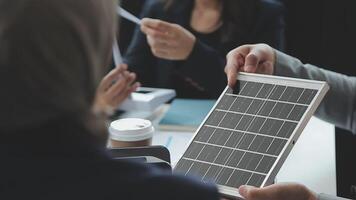 Group of business people planning and discussing on recycle reduce reuse policy symbol in office meeting room. Green business company with eco-friendly waste management regulation concept.Trailblazing video