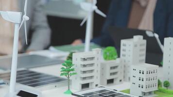 Group of business people planning and discussing on recycle reduce reuse policy symbol in office meeting room. Green business company with eco-friendly waste management regulation concept.Trailblazing video